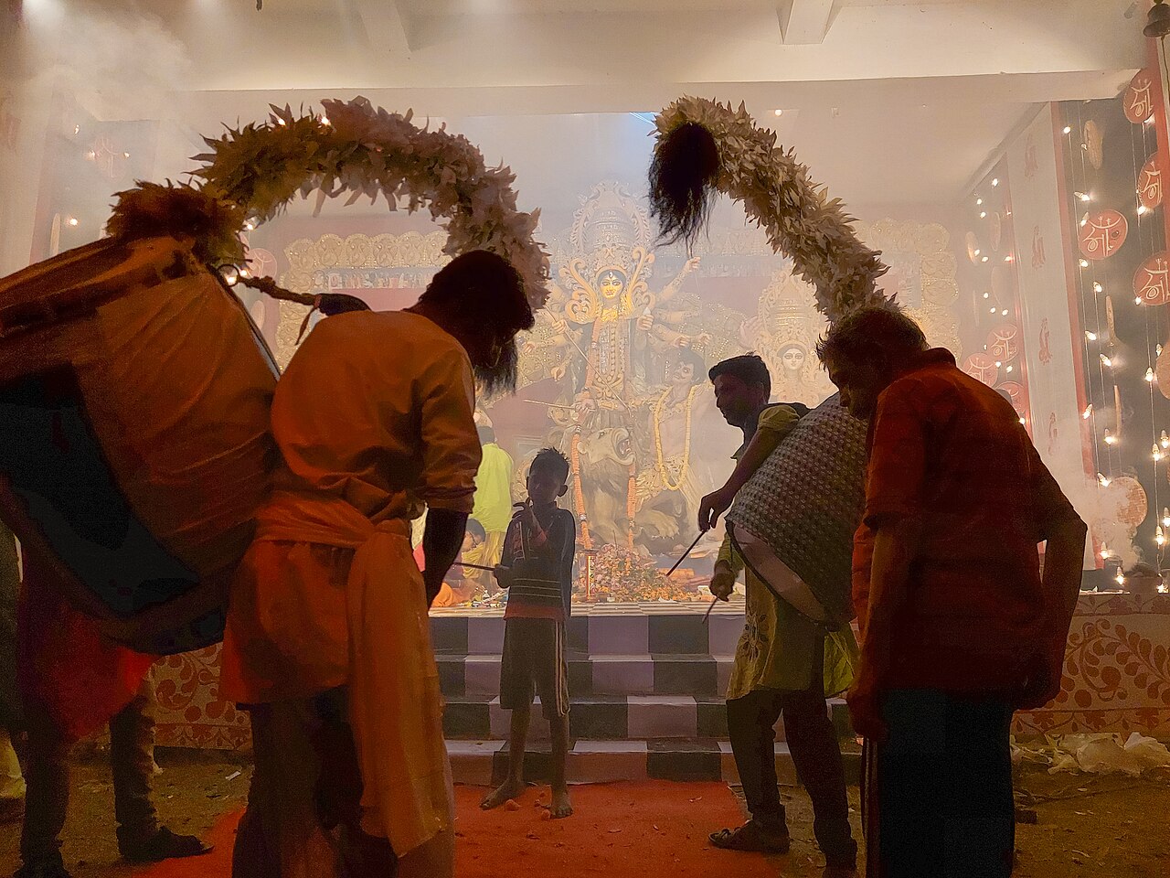 Traditional dhak drummers during Durga Puja